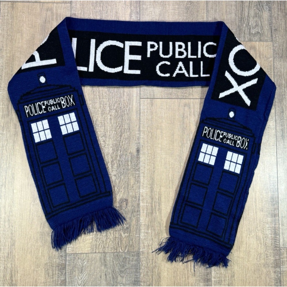 Dr Who Winter Scarf Blue Police Public Call Box 62" TV Show Acrylic Elope